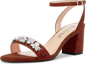 Saekcted Women Chunky Block Mid Heel Peep Open Toe Sandals Ankle Strap Rhinestone Crystal Casual Dress Shoes