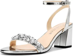 Saekcted Women Chunky Block Mid Heel Peep Open Toe Sandals Ankle Strap Rhinestone Crystal Casual Dress Shoes