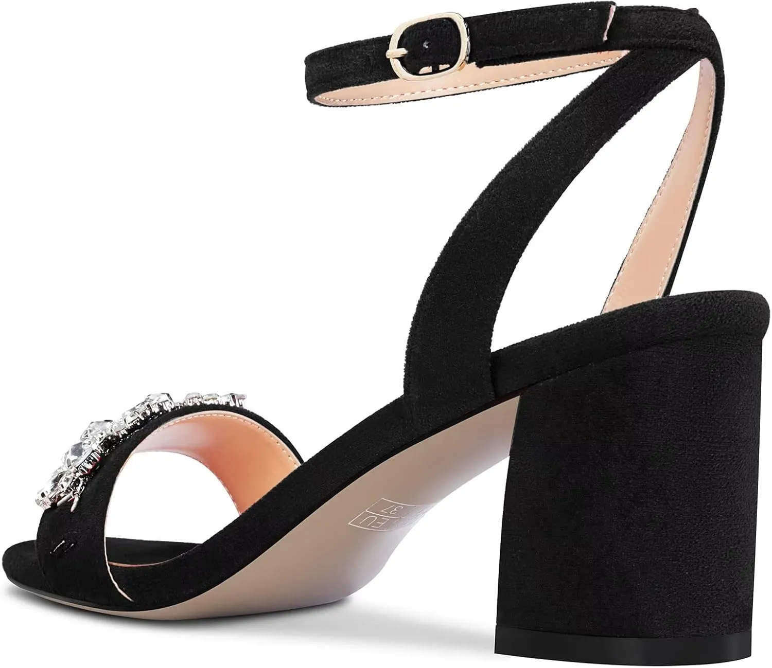 Saekcted Women Chunky Block Mid Heel Peep Open Toe Sandals Ankle Strap Rhinestone Crystal Casual Dress Shoes