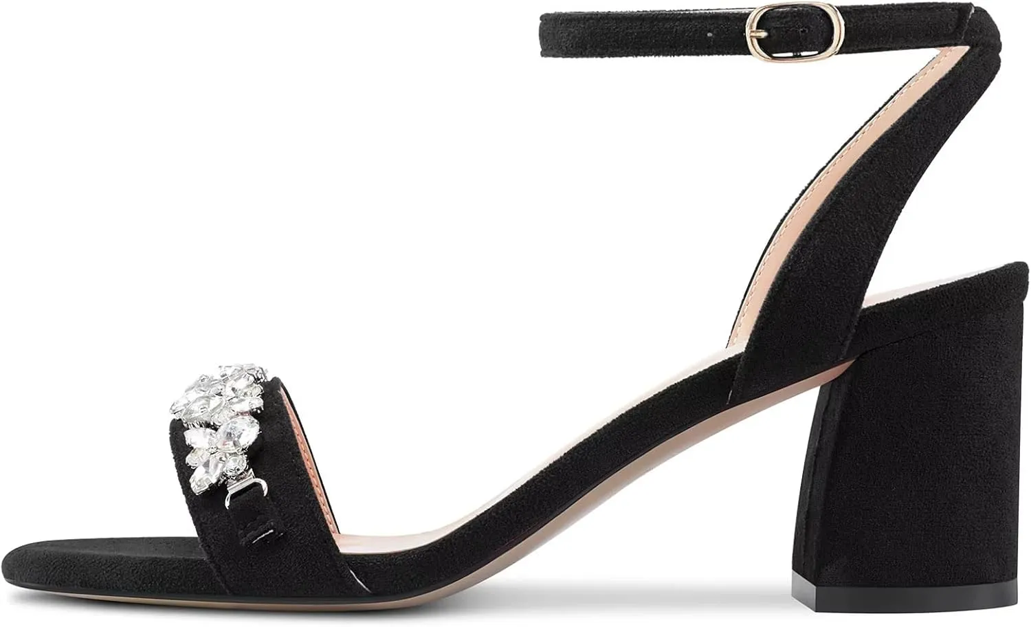 Saekcted Women Chunky Block Mid Heel Peep Open Toe Sandals Ankle Strap Rhinestone Crystal Casual Dress Shoes