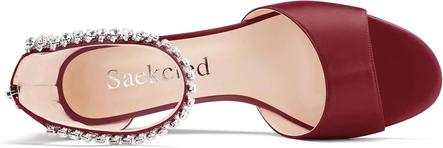 Saekcted Women Chunky Block Wedge Mid Heel Peep Open Toe Sandals Ankle Strap Diamond Crystal Wedding Party Dress 2.0 Inches Heels