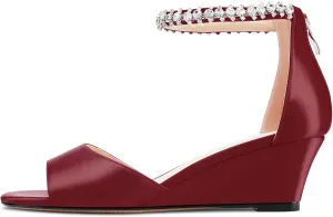 Saekcted Women Chunky Block Wedge Mid Heel Peep Open Toe Sandals Ankle Strap Diamond Crystal Wedding Party Dress 2.0 Inches Heels