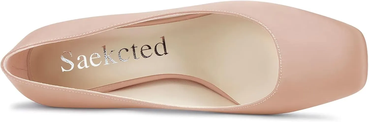 Saekcted Women High Chunky Block Heel Close Square Toe Pumps Slip-on Wedding Office Cute 3.0 Inches Heels Shoes