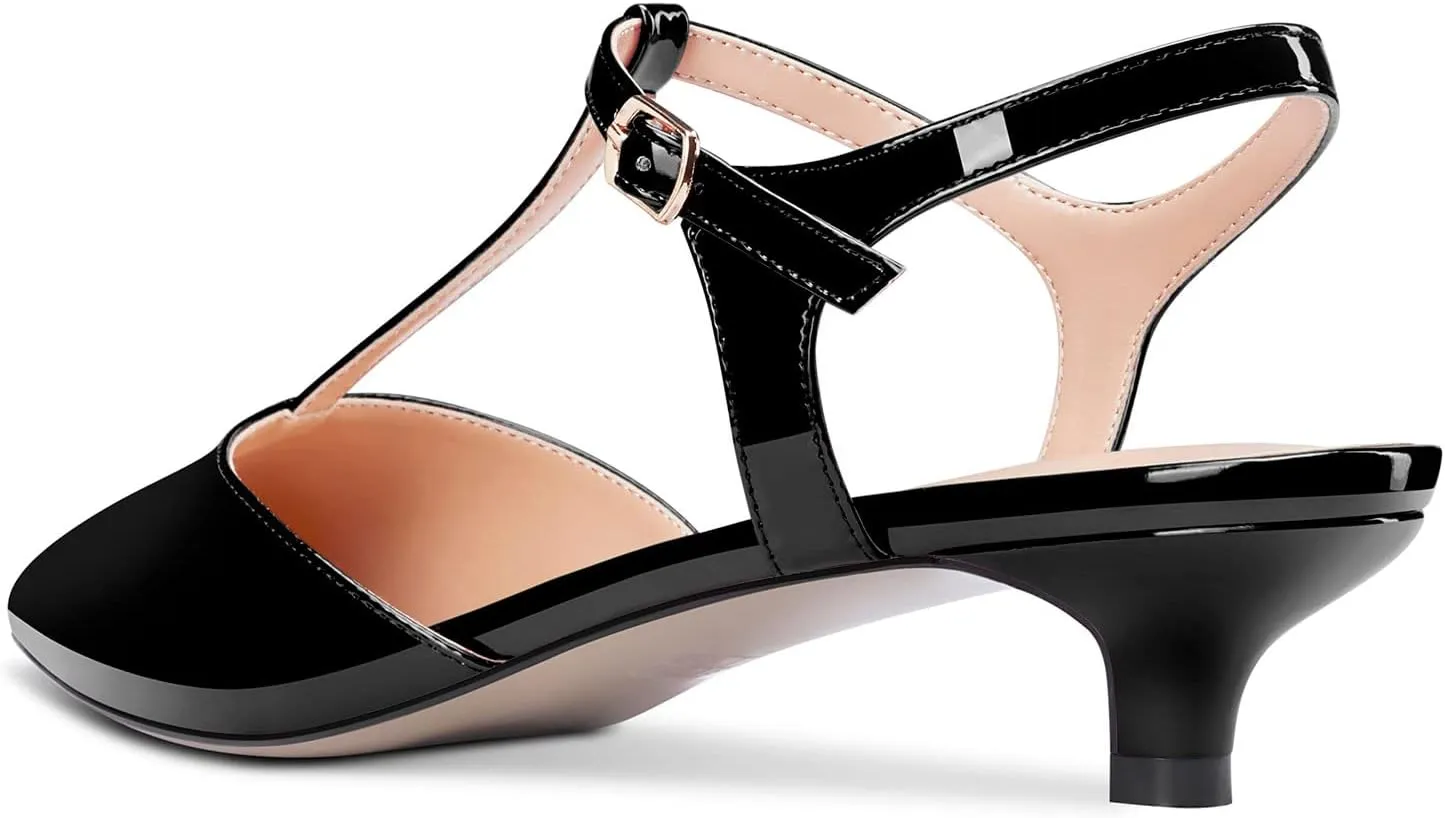 Saekcted Women Low Kitten Heel Pointed Toe T-Strap Ankle Strap Pumps Classic Cute Dress 1.4 Inches Heels