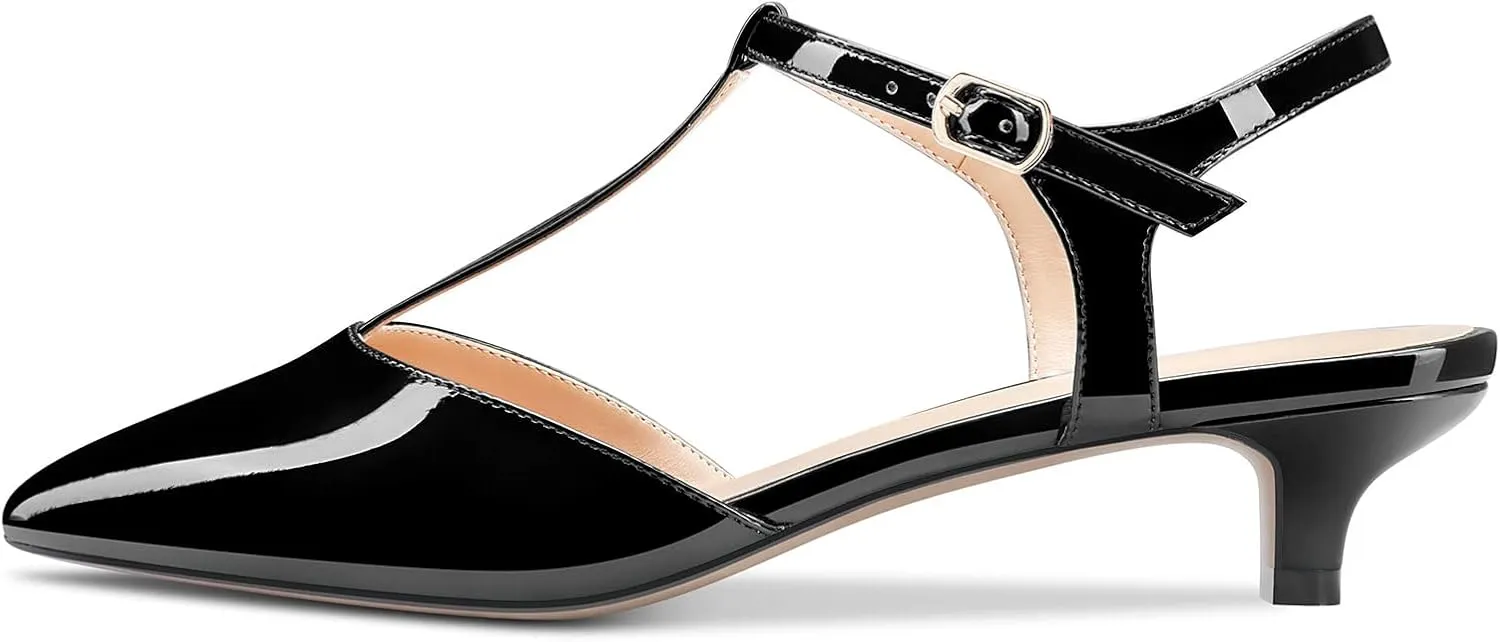 Saekcted Women Low Kitten Heel Pointed Toe T-Strap Ankle Strap Pumps Classic Cute Dress 1.4 Inches Heels