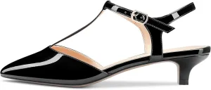Saekcted Women Low Kitten Heel Pointed Toe T-Strap Ankle Strap Pumps Classic Cute Dress 1.4 Inches Heels