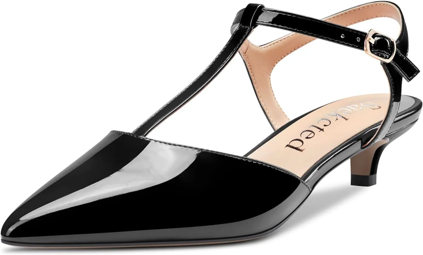 Saekcted Women Low Kitten Heel Pointed Toe T-Strap Ankle Strap Pumps Classic Cute Dress 1.4 Inches Heels
