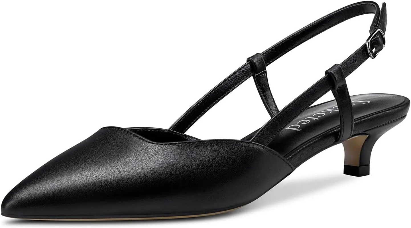 Saekcted Women Low Kitten Stiletto Heel Close Pointed Toe Pumps Ankle Strap Slingback Buckle Wedding Office Cute Sandals Shoes