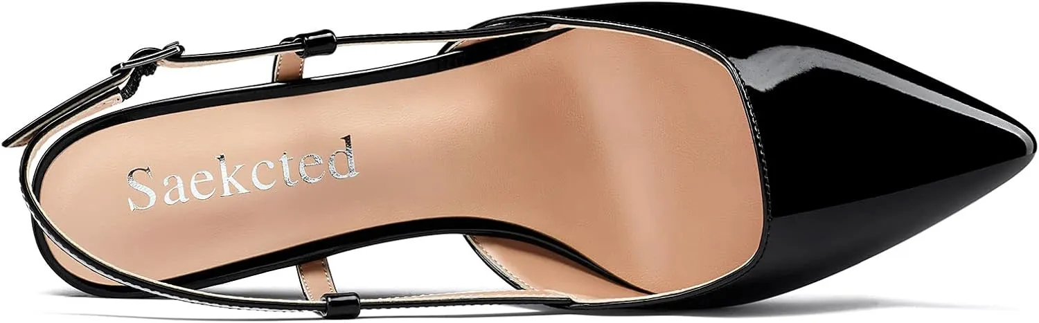 Saekcted Women Low Kitten Stiletto Heel Close Pointed Toe Pumps Ankle Strap Slingback Buckle Wedding Office Cute Sandals Shoes