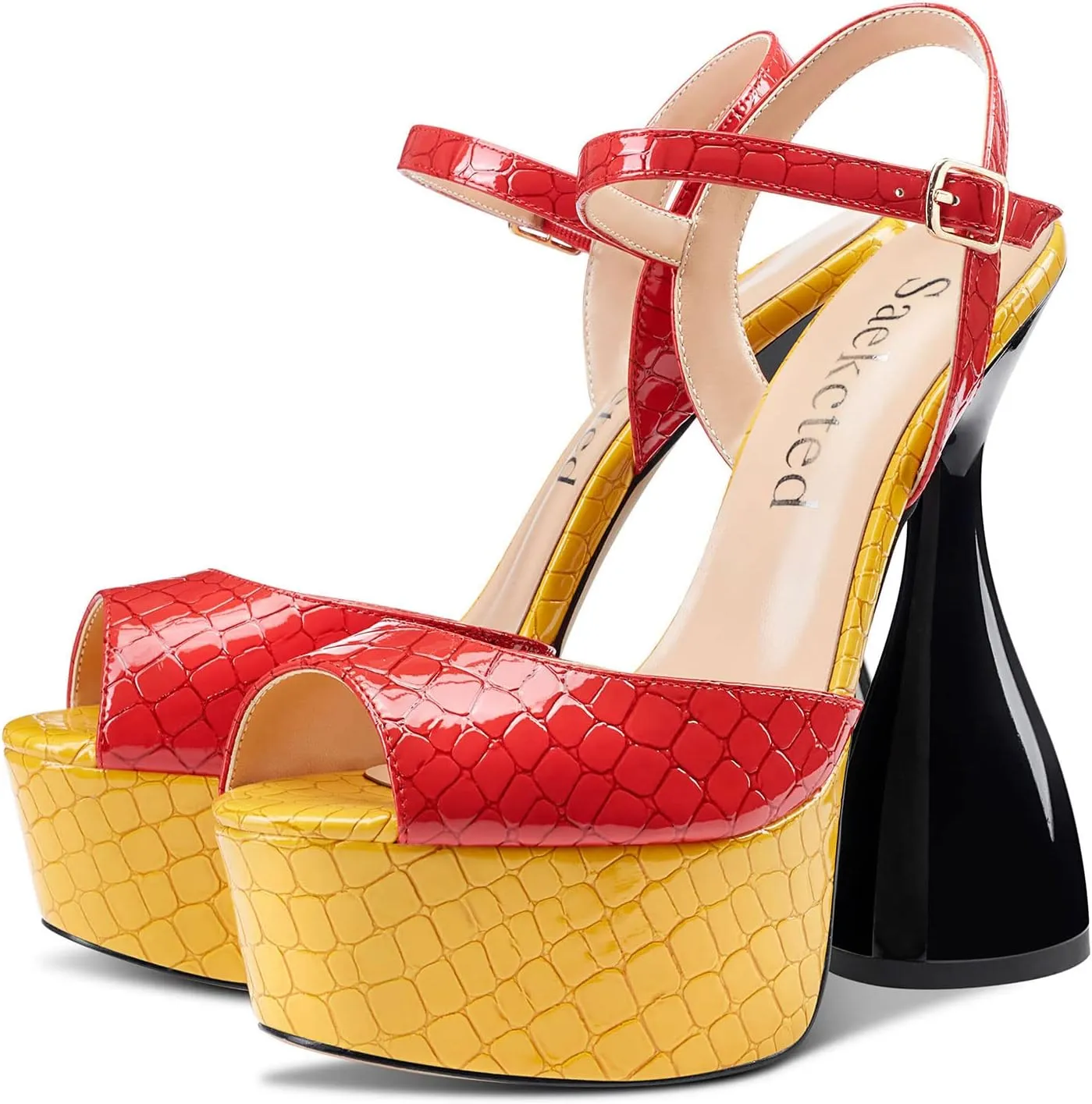 Saekcted Women's Chunky High Heels Platform Fashion Party Sandals Peep-Toe Ankel-Strap Sandal 6Inch Heel Shoes for Wedding Dress
