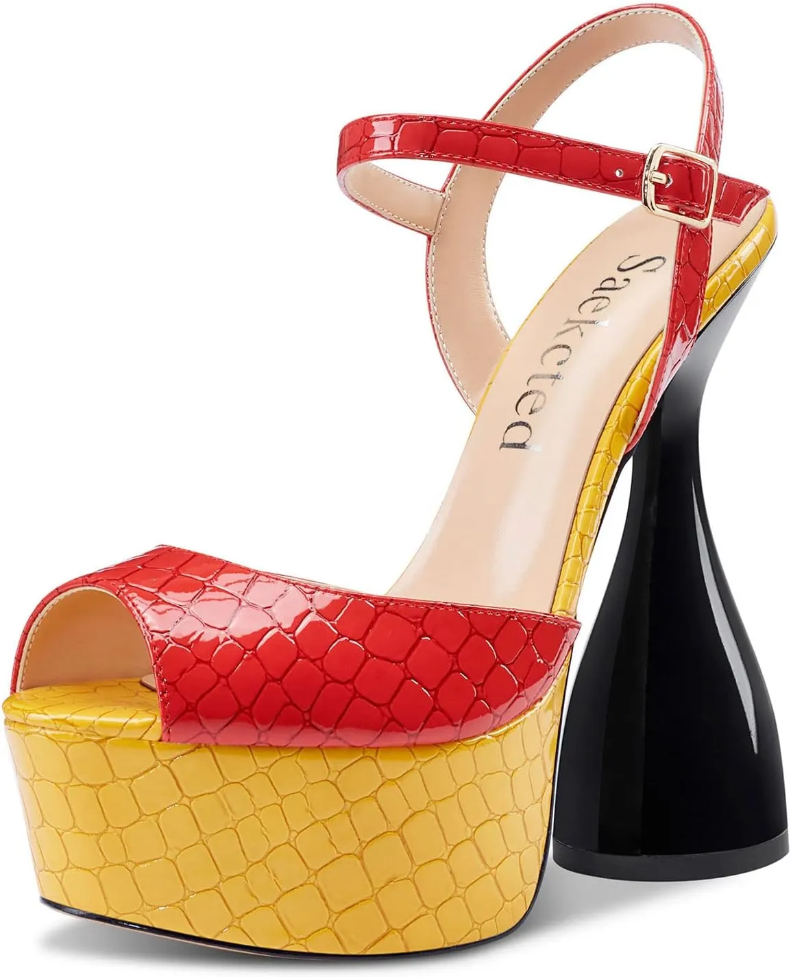 Saekcted Women's Chunky High Heels Platform Fashion Party Sandals Peep-Toe Ankel-Strap Sandal 6Inch Heel Shoes for Wedding Dress