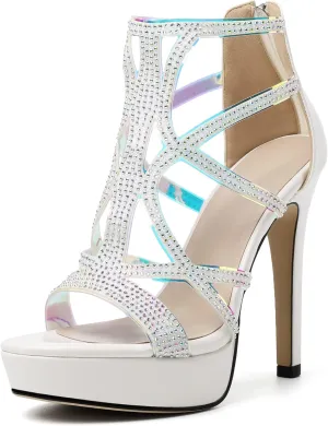 SAMMITOP Women's High Heel Sandals with Rinestones, Sexy Gladiator Platform Sandals, Open Toe Strappy Pumps shoes for Party Event Night Dress