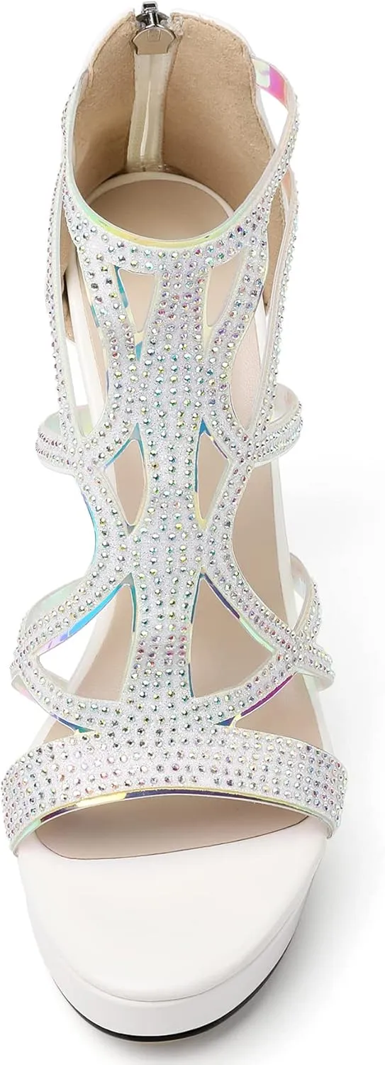 SAMMITOP Women's High Heel Sandals with Rinestones, Sexy Gladiator Platform Sandals, Open Toe Strappy Pumps shoes for Party Event Night Dress