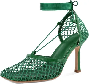 SAMMITOP Women's Square Toe Mesh Lace Up Strappy Sexy Heels Sandals Stiletto High Heel Closed Toe Summer Dress Shoes 3.5 Inch