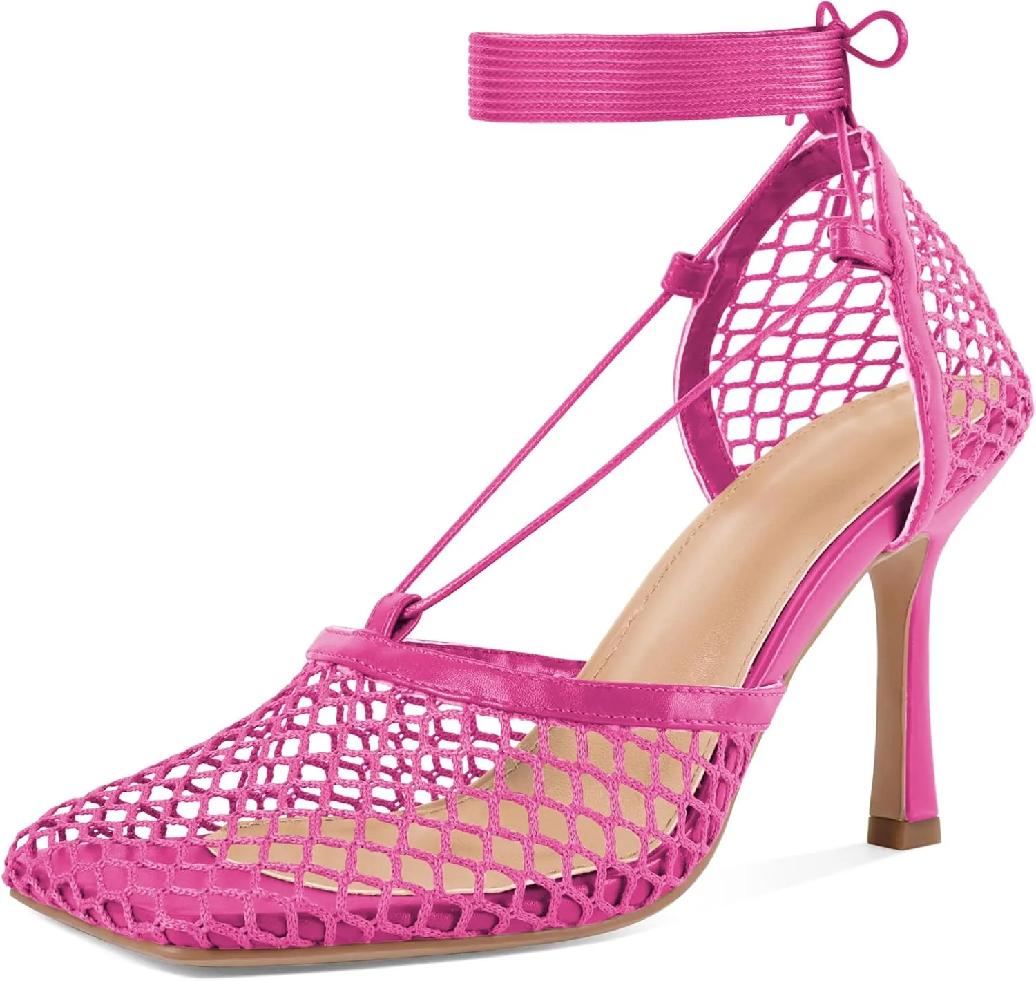SAMMITOP Women's Square Toe Mesh Lace Up Strappy Sexy Heels Sandals Stiletto High Heel Closed Toe Summer Dress Shoes 3.5 Inch