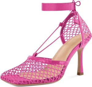 SAMMITOP Women's Square Toe Mesh Lace Up Strappy Sexy Heels Sandals Stiletto High Heel Closed Toe Summer Dress Shoes 3.5 Inch
