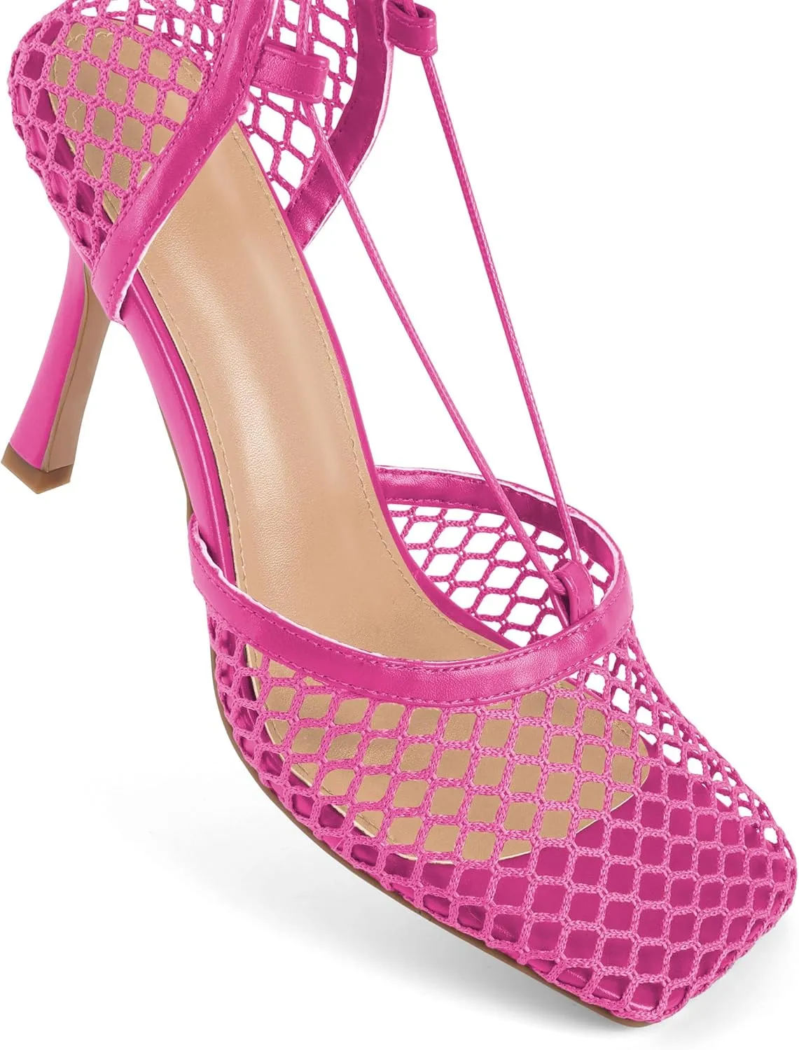 SAMMITOP Women's Square Toe Mesh Lace Up Strappy Sexy Heels Sandals Stiletto High Heel Closed Toe Summer Dress Shoes 3.5 Inch