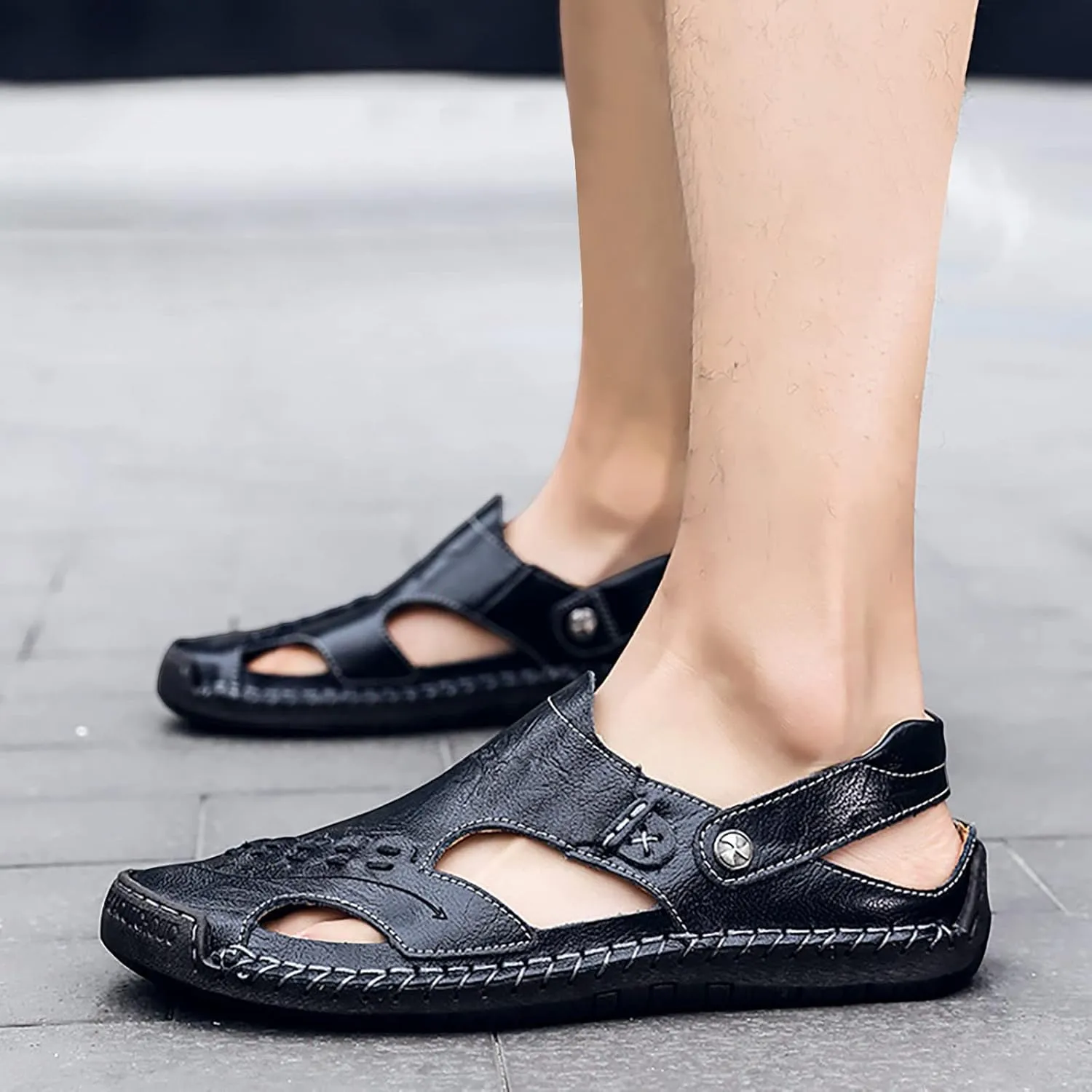 Sandals For Men Men's Summer Breathable Hand Sewn Foot Covering Casual Beach Lazy PU Comfort Slide Sandals Men