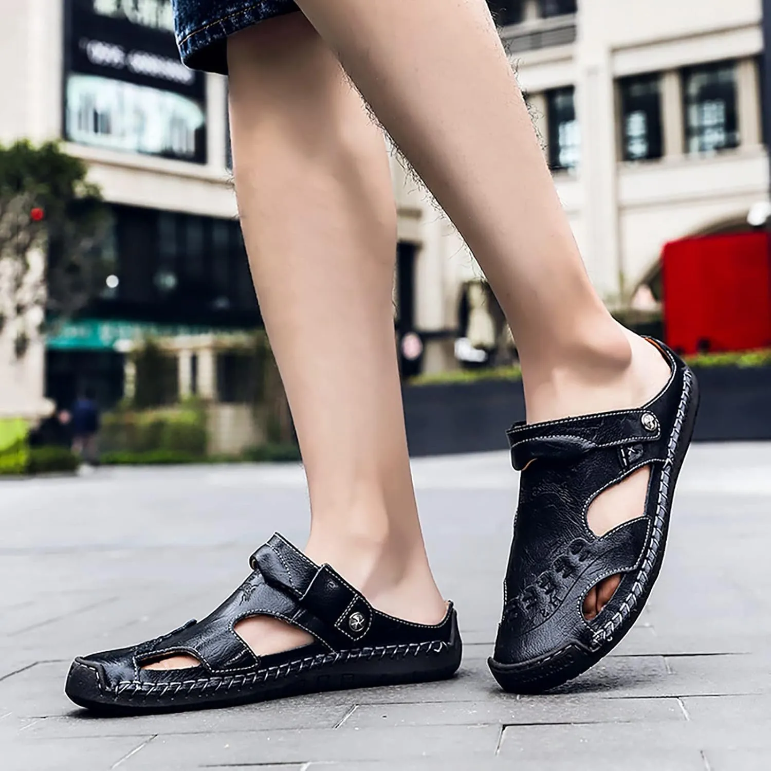 Sandals For Men Men's Summer Breathable Hand Sewn Foot Covering Casual Beach Lazy PU Comfort Slide Sandals Men