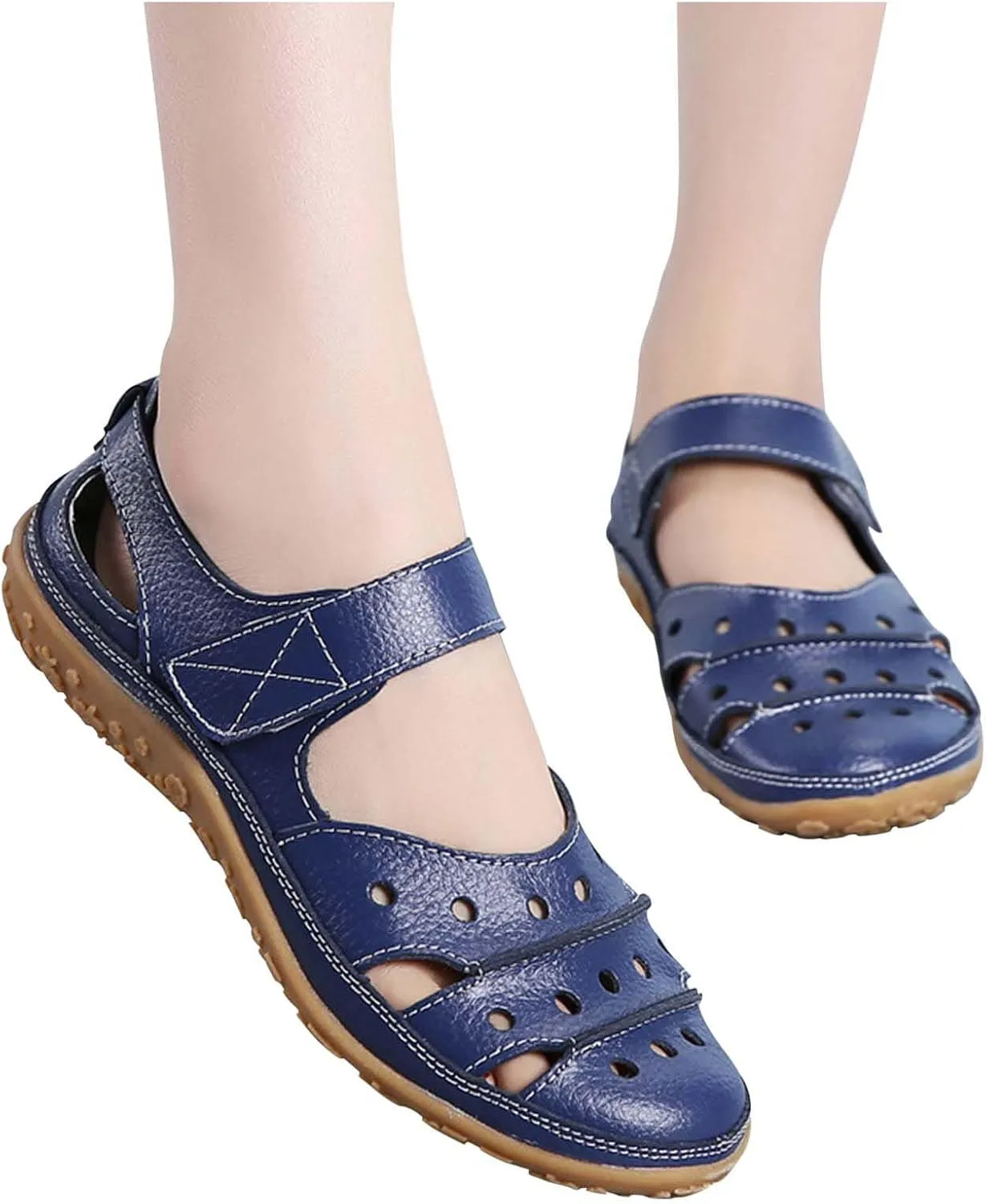 Sandals Women Dressy Summer Flat Round Toe Closed Toe Hook and Loop Clogs Comfy Soft Sole Non-Slip Outdoor Ladies Shoes
