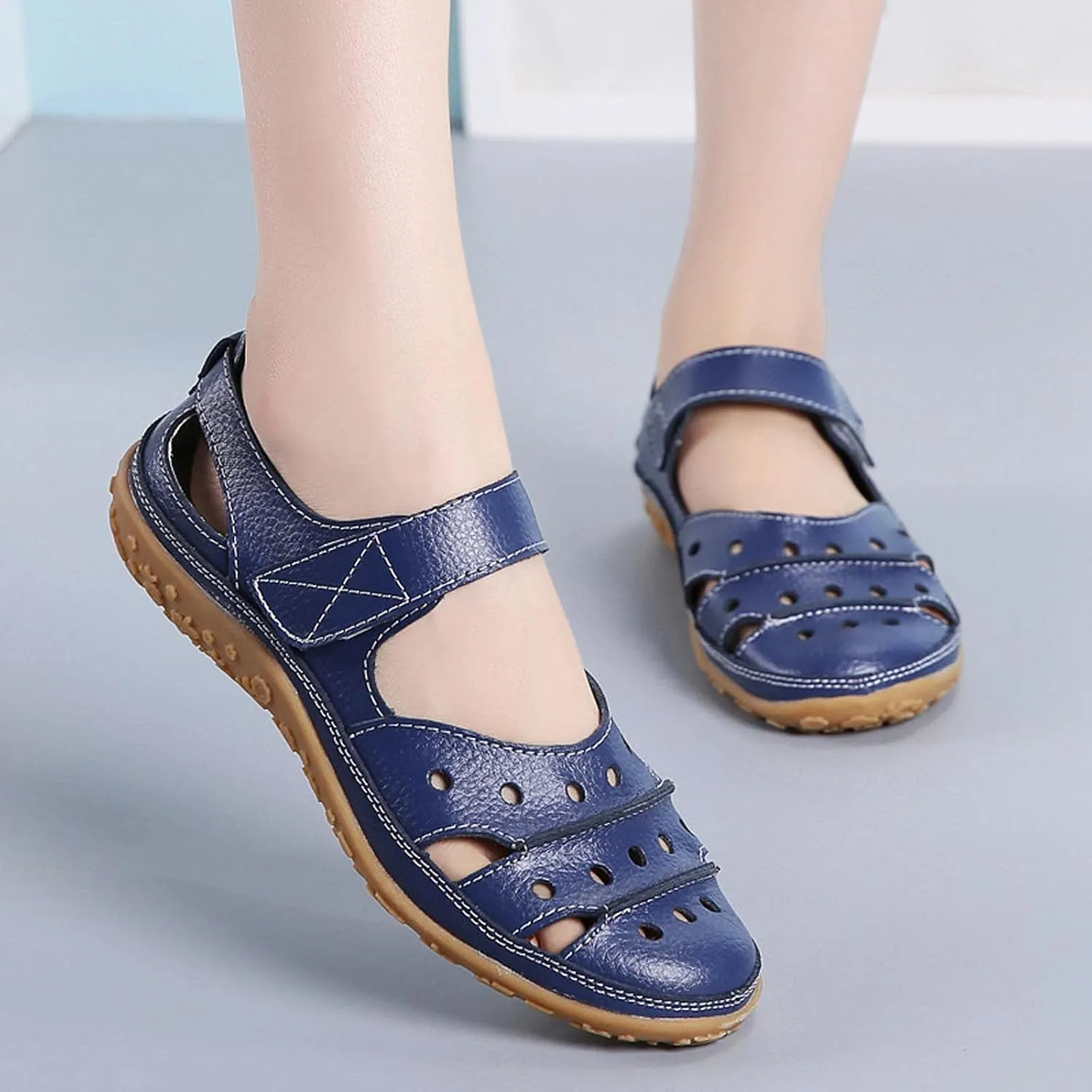 Sandals Women Dressy Summer Flat Round Toe Closed Toe Hook and Loop Clogs Comfy Soft Sole Non-Slip Outdoor Ladies Shoes