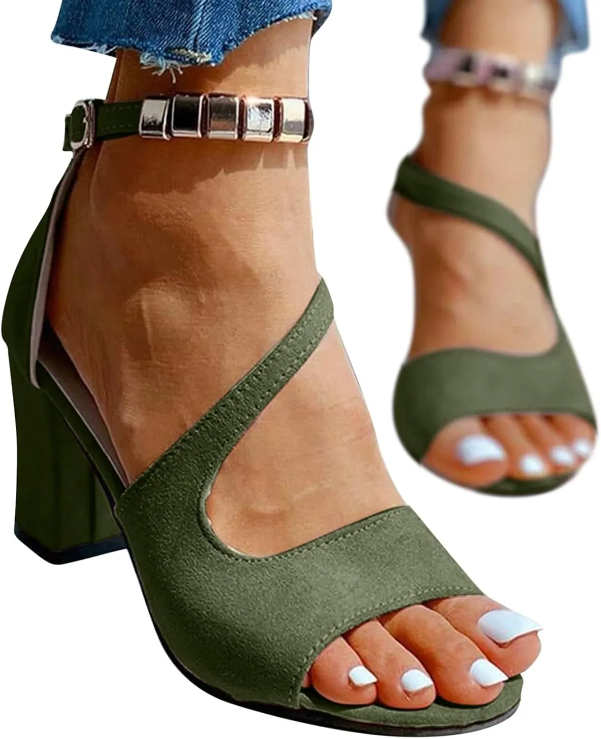 Sandals Women,Buckle Strap Chunky Heel Sandals Beaded Fish Mouth High Heels Ankle Strap Shoes Pumps Boho Sandals