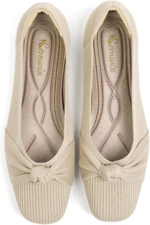SemwissWomen Ballet Flats Square Toe Comfortable Dressy Slip on mesh Knitted Flat with Bow Office Shoes.
