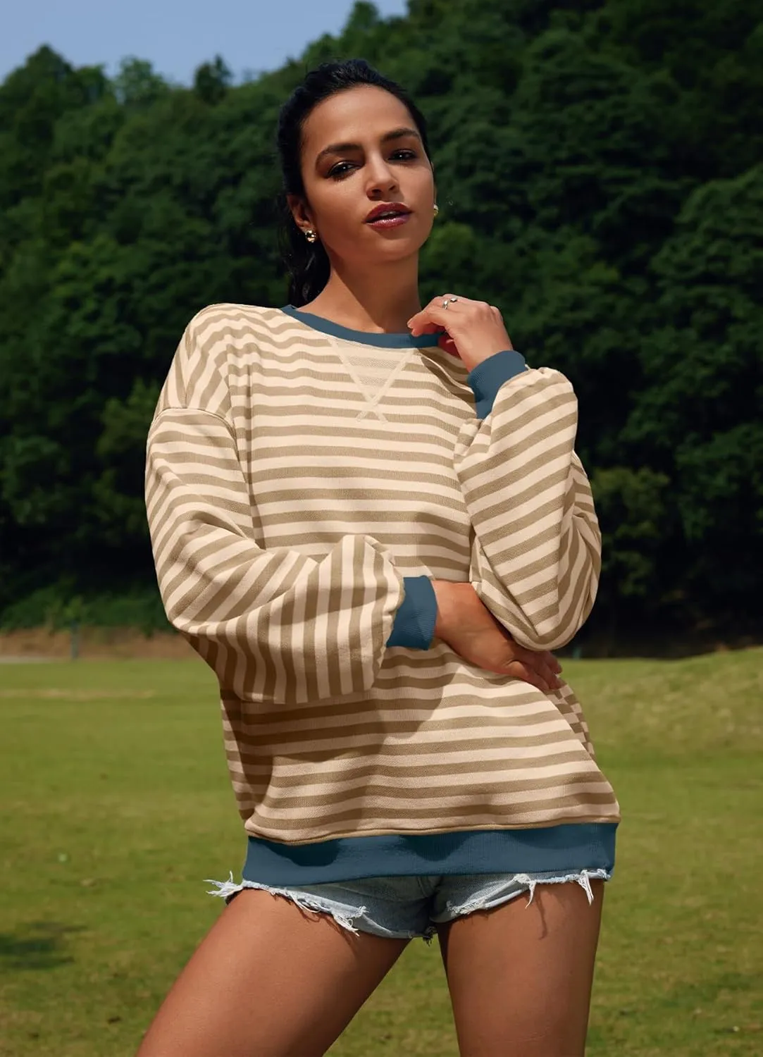 SENSERISE Womens Oversized Classic Striped Crewneck Sweatshirts Long Sleeve Color Block Shirts Casual Tops