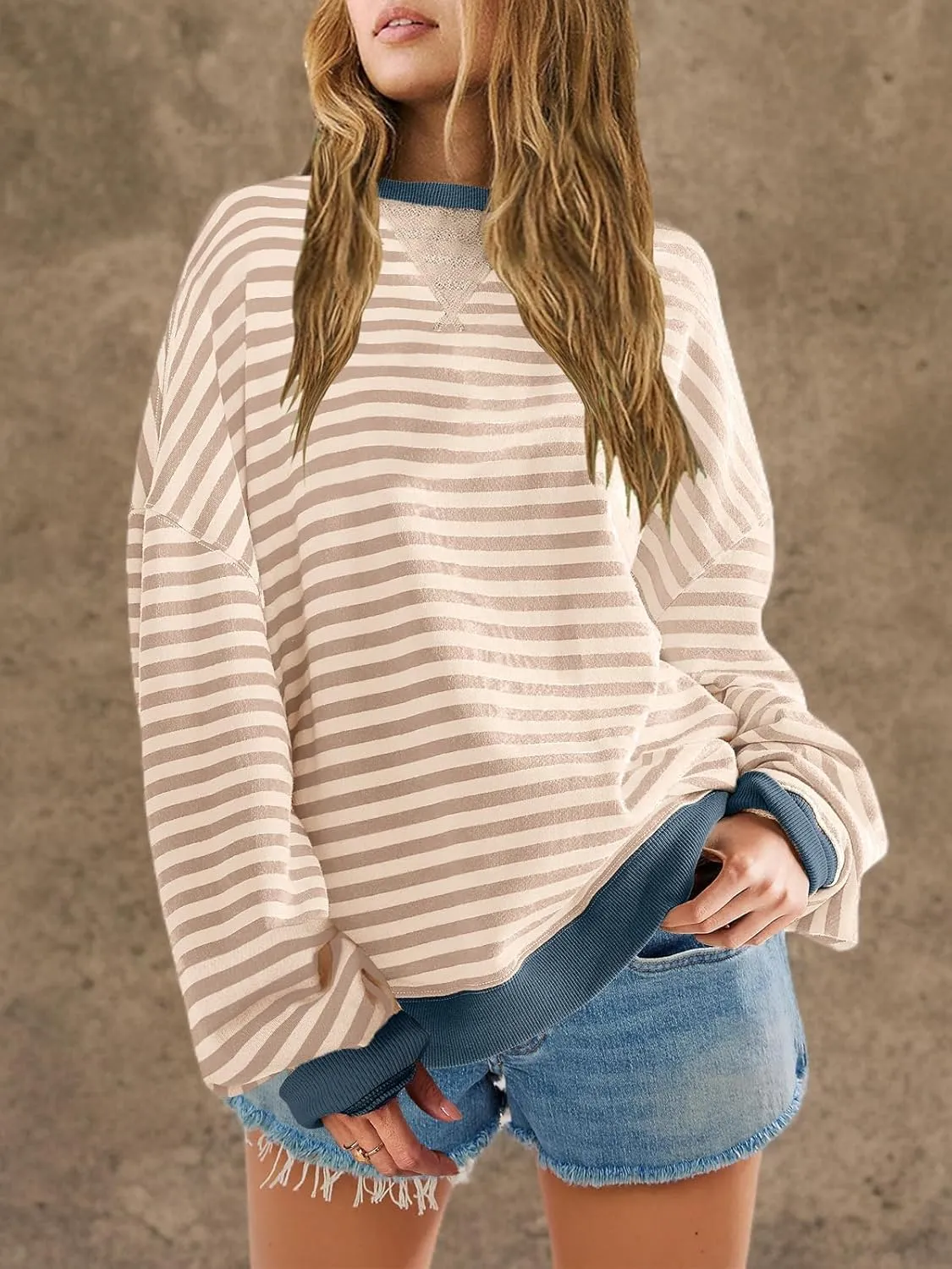 SENSERISE Womens Oversized Classic Striped Crewneck Sweatshirts Long Sleeve Color Block Shirts Casual Tops