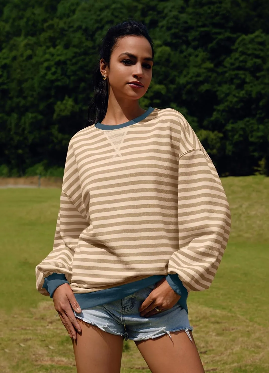 SENSERISE Womens Oversized Classic Striped Crewneck Sweatshirts Long Sleeve Color Block Shirts Casual Tops