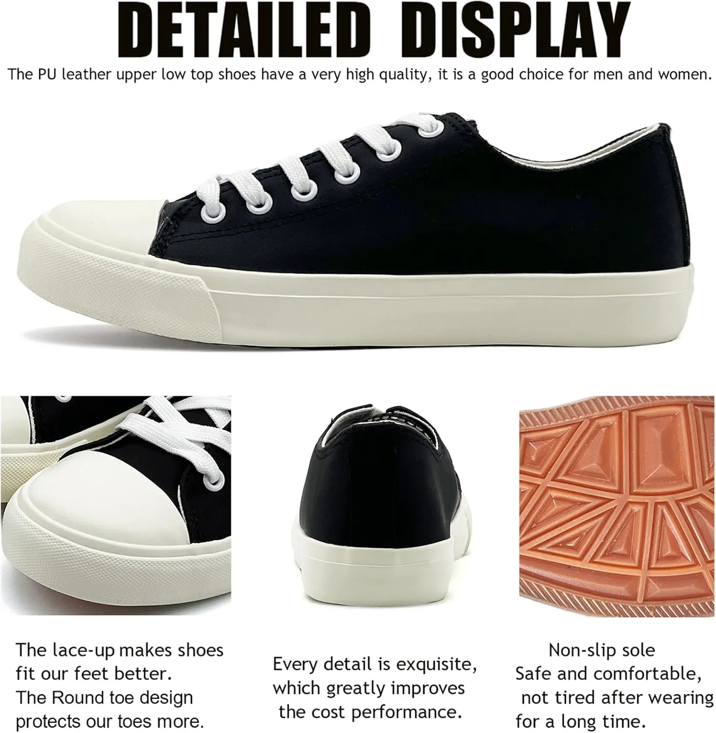sharllen Women's Fashion PU Leather Sneakers Men's Classic Lace up Casual Walking Running Shoes Comfortable Black White Tennis Shoes