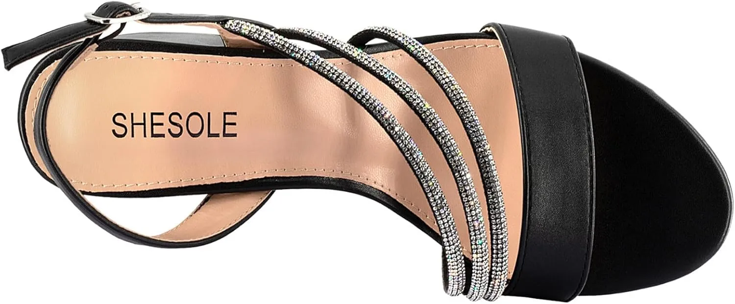 SheSole Women's Chunky Block Heels Strappy Rhinestone Sandals Wedding Formal Prom Party Dress Shoes