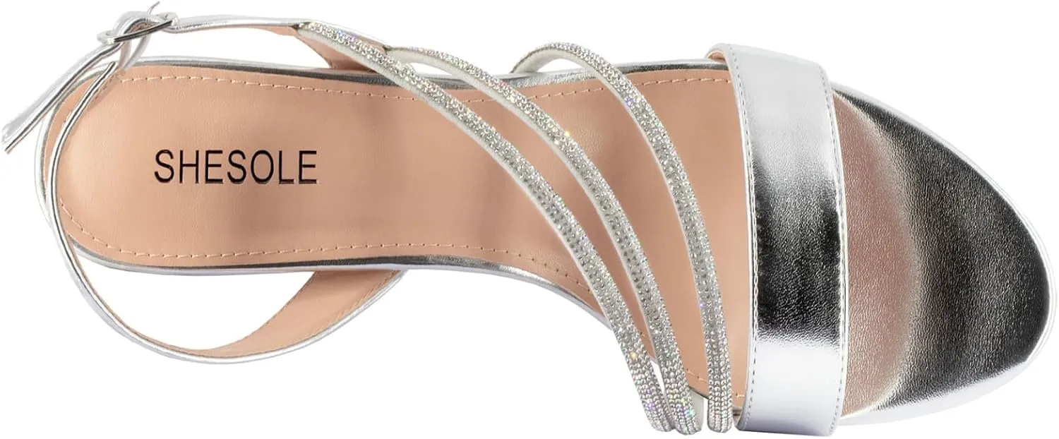 SheSole Women's Chunky Block Heels Strappy Rhinestone Sandals Wedding Formal Prom Party Dress Shoes