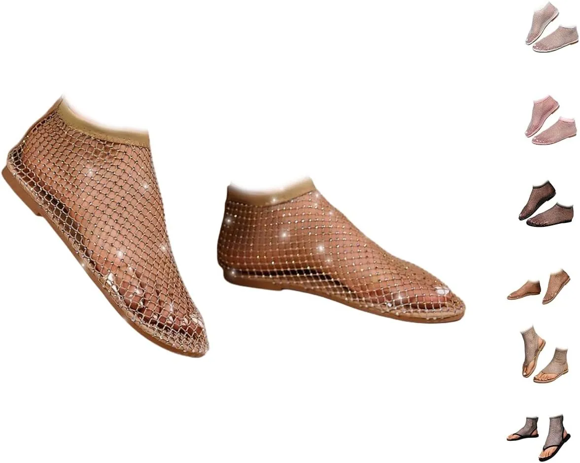 Shiny Gem Mesh Flats for Women, Sandals Dressy Summer Slip On Shoes, Sexy Cutout Sparkly Casual Wedding Dress Flats