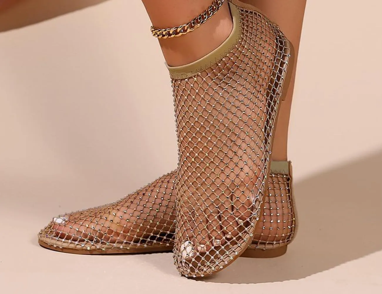Shiny Gem Mesh Flats for Women, Sandals Dressy Summer Slip On Shoes, Sexy Cutout Sparkly Casual Wedding Dress Flats