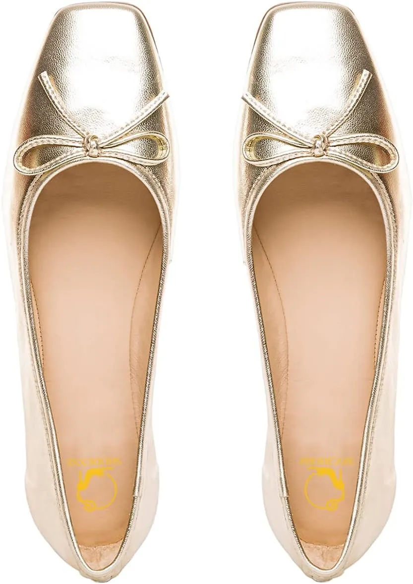 SHODENSE Women Flats Shoes Bow Square Closed Toe Ballet Flats Slip On Metallic Flat Shoe Matte Patent Leather Snakeskin Low Hidden Wedge Heel Office Work Shoes Driving Flats Church Club Fall 4-11 M US
