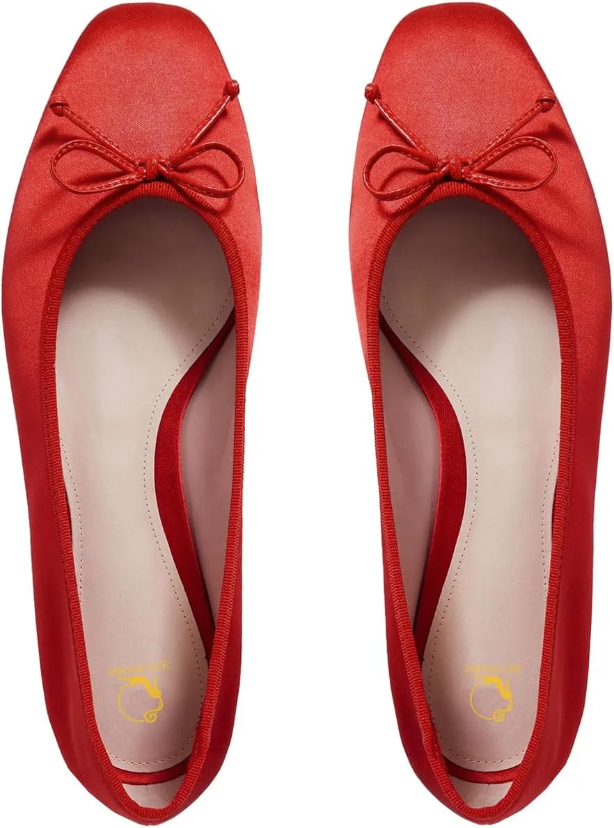 SHODENSE Women Satin Flats Shoes Bow Square Closed Toe Slip On Ballet Flats Slip On Comfortable Flat Heel Office Work Shoes Girls Driving Flats Club Church Spring Fall Dance Dress Flats 4-11 M US