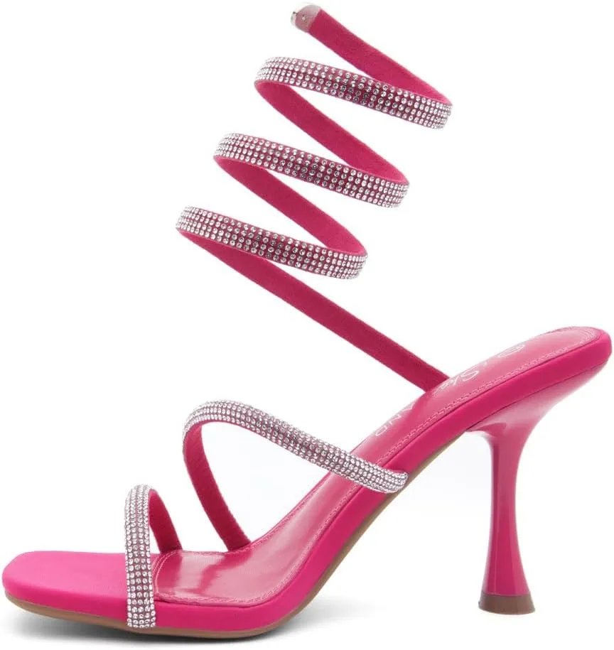 Shoe Land Charming2 Women's Rhinestone Heels, Square Open Toe High Stilettos with Spiral Ankle Wrap Strap – Coil Spiral High Heeled Crystal Dress Sandals for Party