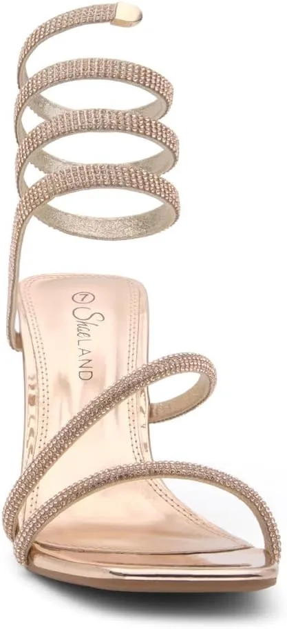 Shoe Land Charming2 Women's Rhinestone Heels, Square Open Toe High Stilettos with Spiral Ankle Wrap Strap – Coil Spiral High Heeled Crystal Dress Sandals for Party