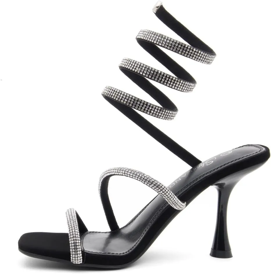 Shoe Land Charming2 Women's Rhinestone Heels, Square Open Toe High Stilettos with Spiral Ankle Wrap Strap – Coil Spiral High Heeled Crystal Dress Sandals for Party