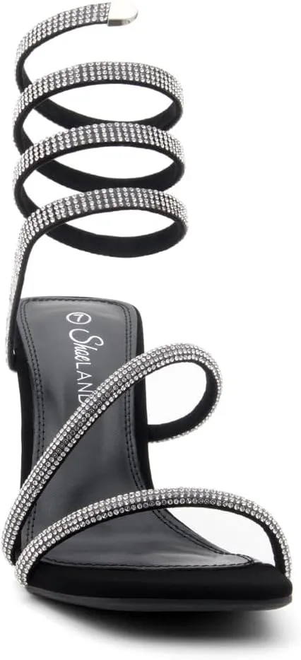 Shoe Land Charming2 Women's Rhinestone Heels, Square Open Toe High Stilettos with Spiral Ankle Wrap Strap – Coil Spiral High Heeled Crystal Dress Sandals for Party