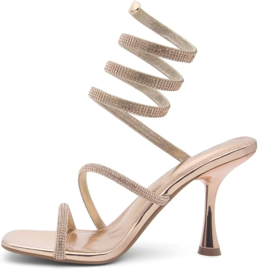 Shoe Land Charming2 Women's Rhinestone Heels, Square Open Toe High Stilettos with Spiral Ankle Wrap Strap – Coil Spiral High Heeled Crystal Dress Sandals for Party