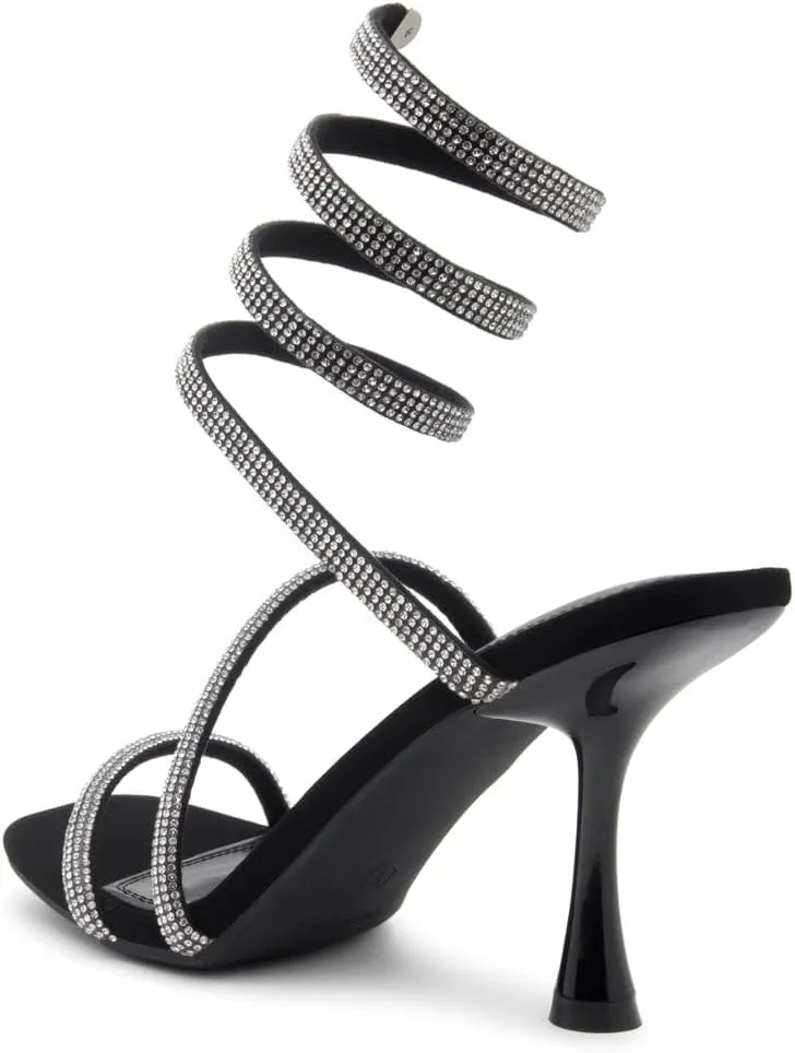 Shoe Land Charming2 Women's Rhinestone Heels, Square Open Toe High Stilettos with Spiral Ankle Wrap Strap – Coil Spiral High Heeled Crystal Dress Sandals for Party