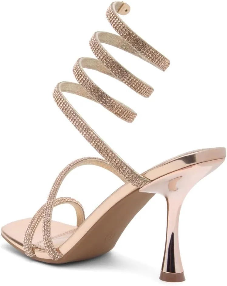 Shoe Land Charming2 Women's Rhinestone Heels, Square Open Toe High Stilettos with Spiral Ankle Wrap Strap – Coil Spiral High Heeled Crystal Dress Sandals for Party