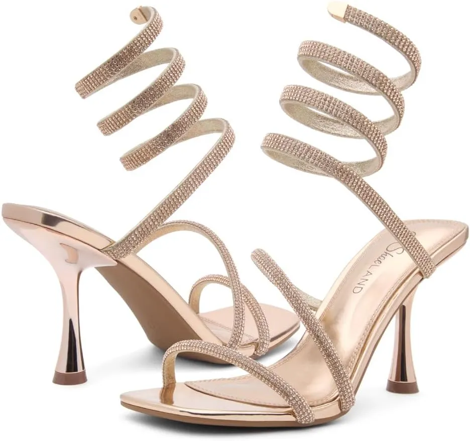 Shoe Land Charming2 Women's Rhinestone Heels, Square Open Toe High Stilettos with Spiral Ankle Wrap Strap – Coil Spiral High Heeled Crystal Dress Sandals for Party
