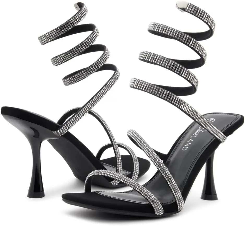 Shoe Land Charming2 Women's Rhinestone Heels, Square Open Toe High Stilettos with Spiral Ankle Wrap Strap – Coil Spiral High Heeled Crystal Dress Sandals for Party
