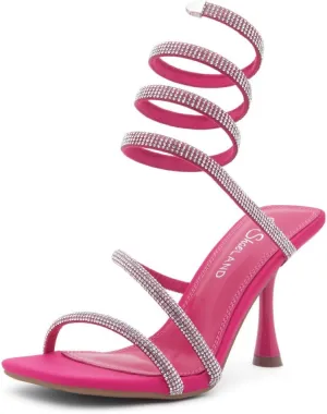 Shoe Land Charming2 Women's Rhinestone Heels, Square Open Toe High Stilettos with Spiral Ankle Wrap Strap – Coil Spiral High Heeled Crystal Dress Sandals for Party