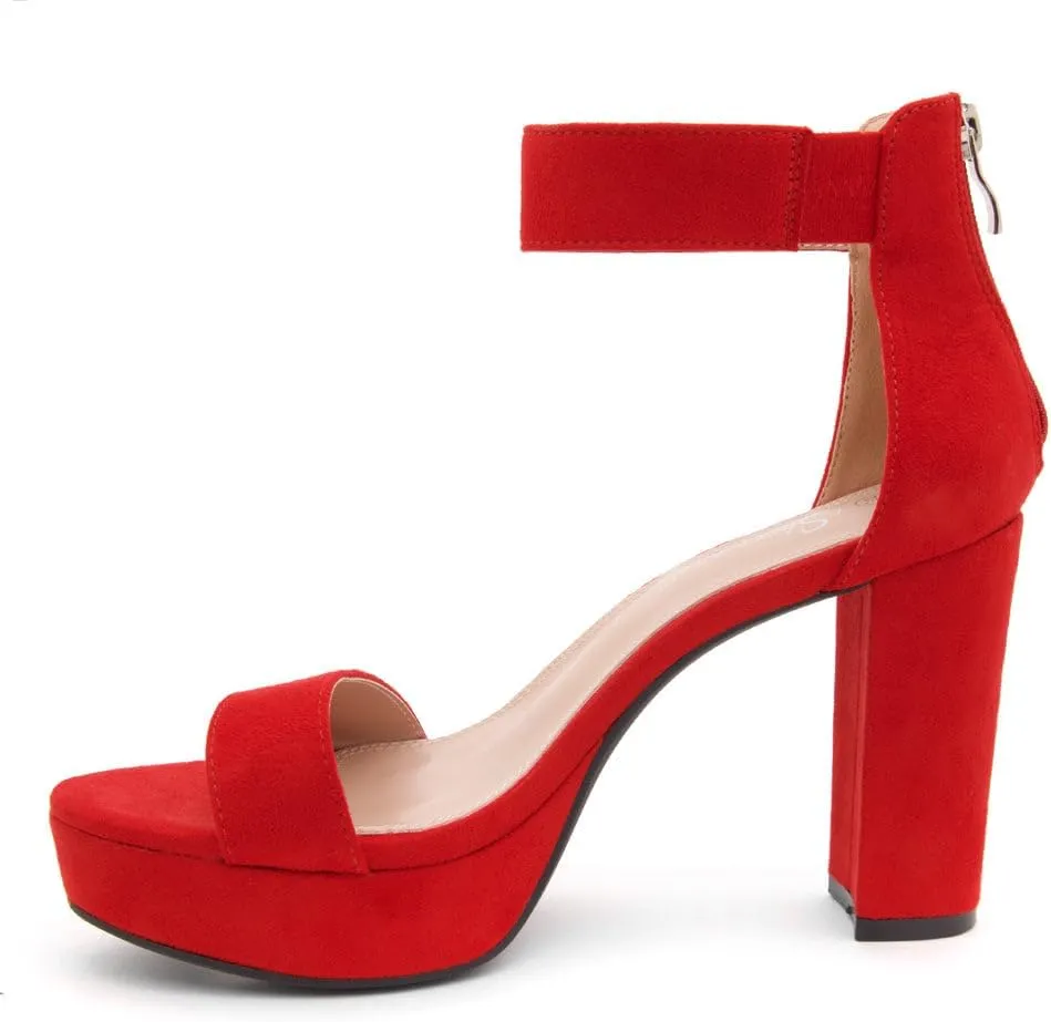 Shoe Land SL-Cutesy Women's Platform Heels Chunky Block High Heeled Sandals Open Toe Ankle Strappy High Heels Black Red Chunky Platform Heels for Prom Wedding Party