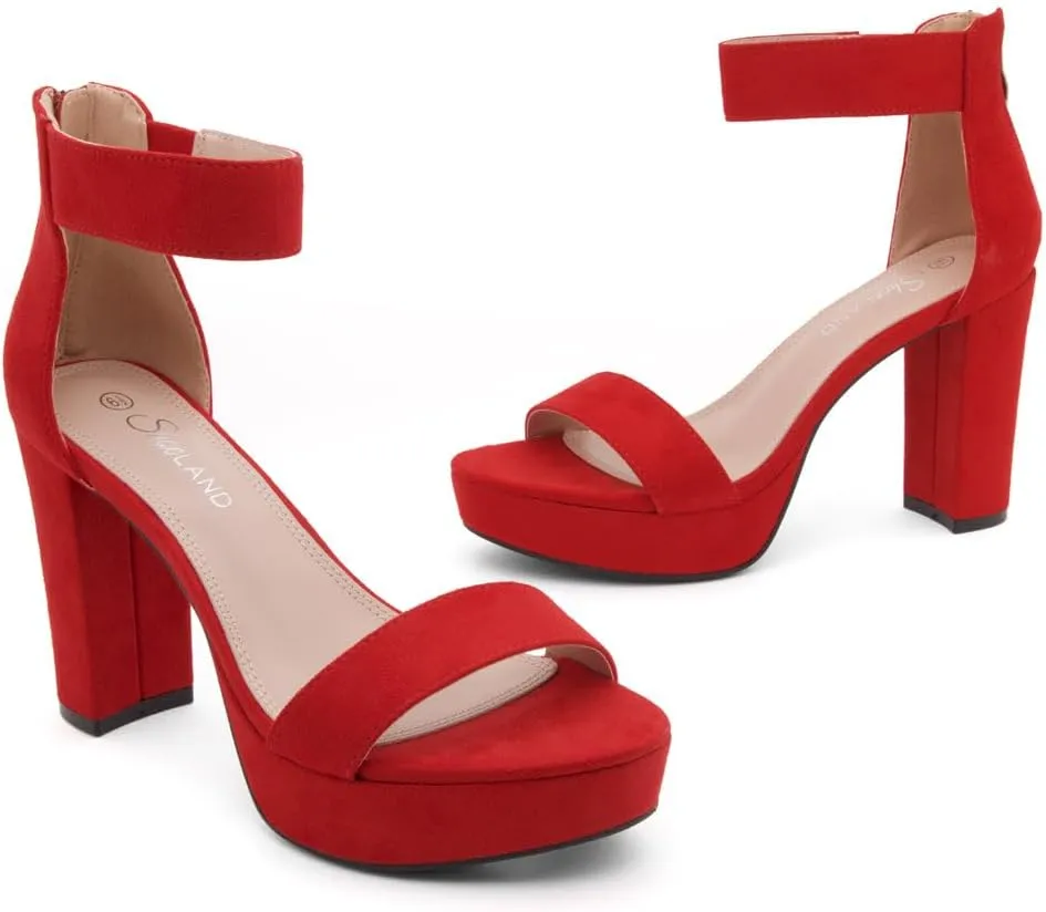 Shoe Land SL-Cutesy Women's Platform Heels Chunky Block High Heeled Sandals Open Toe Ankle Strappy High Heels Black Red Chunky Platform Heels for Prom Wedding Party