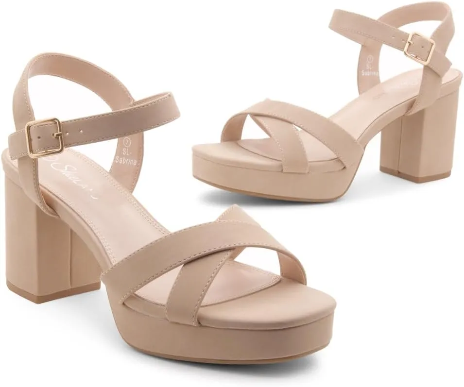Shoe Land SL-Sabrina Women's Platform Heels, 3-Inch Chunky Block Heeled Sandals, Square Open Toe Ankle Strappy Dressy Heels for Prom, Wedding, Party, and Evening